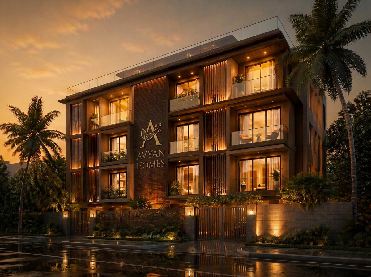 Avyan Pallavaram — a premium boutique apartment block at golden hour with warm interior lighting and tropical landscaping
